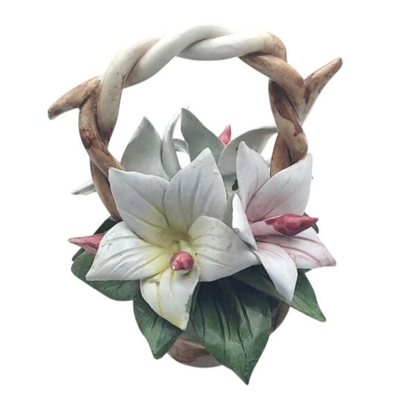 Vintage Capodimonte Porcelain Floral Twisted Handle Basket Lillies Celani Italy - Picture 2 of 7